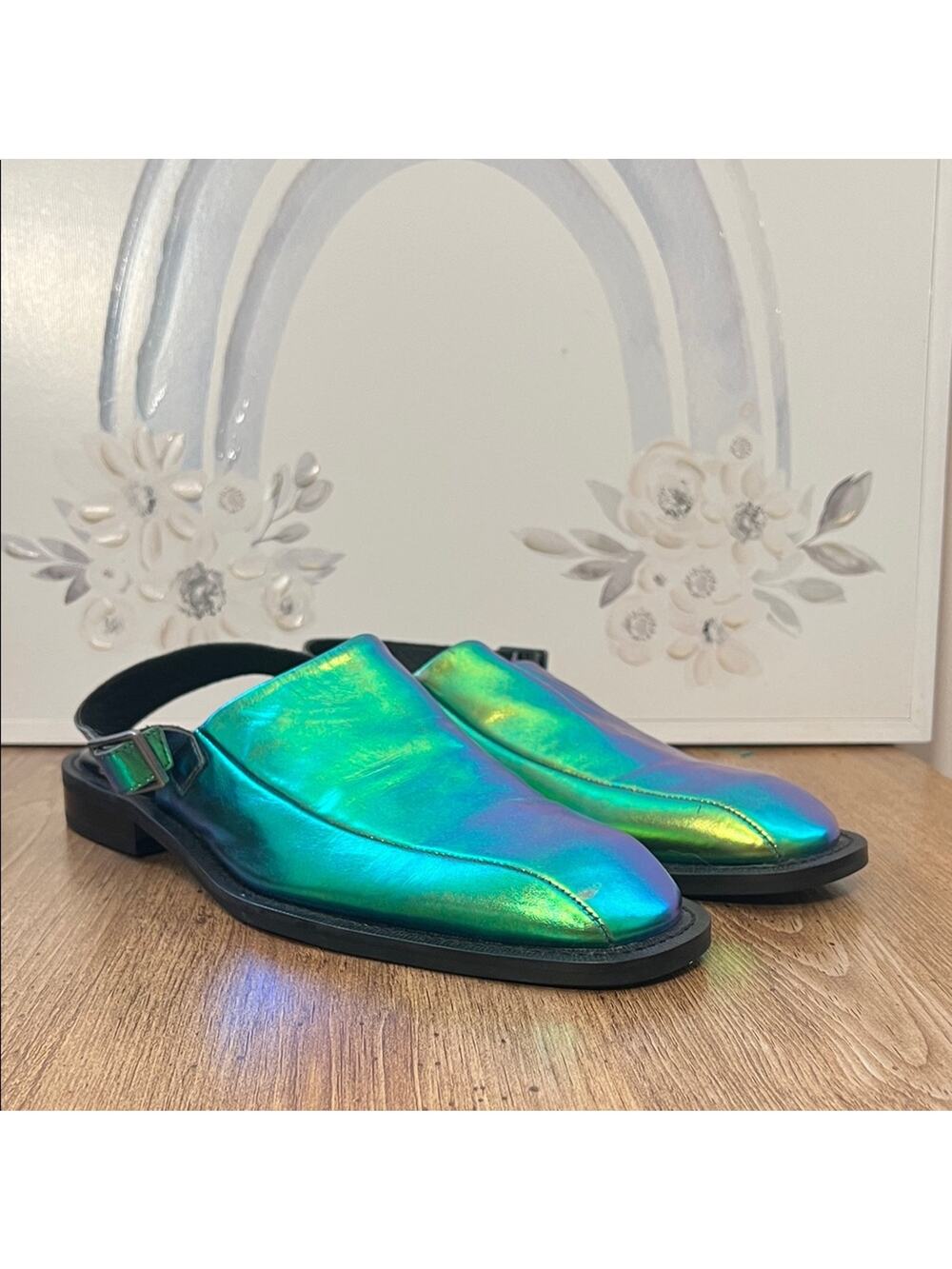 Intentionally  Blank Slingback Iridescent Oil Sleek Leather Shoes Size EU 44